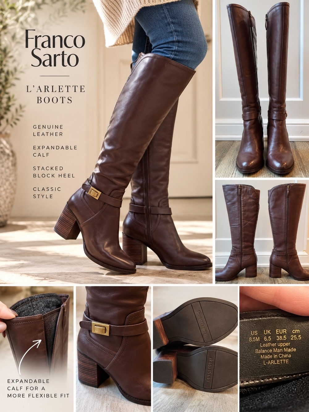 Franco Sarto L’Arlette Boots 8.5 Brown Leather Knee High Expandable Calf NWOBox